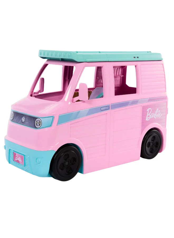 Barbie Dream Land Road Trip Camper with 4 Areas of Play, Kitchen, Rooftop Bed, Marshmallow Roasters, Firepit, Puppy & 20 Accessories​​​