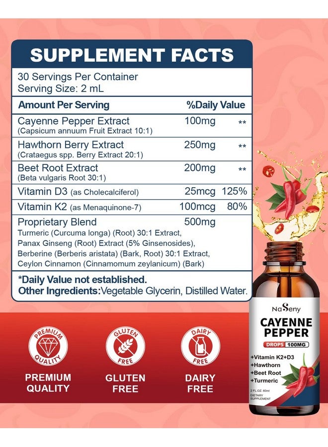NaSeny Organic Cayenne Pepper Supplements, Cayenne Pepper Drops with Hawthorn, Beet Root, Vitamin k2 d3, Capsaicin Supplement with Turmeric, Ceylon Cinnamon -Digestion, Circulation Support, Non-GMO, 2 fl oz - Image 2