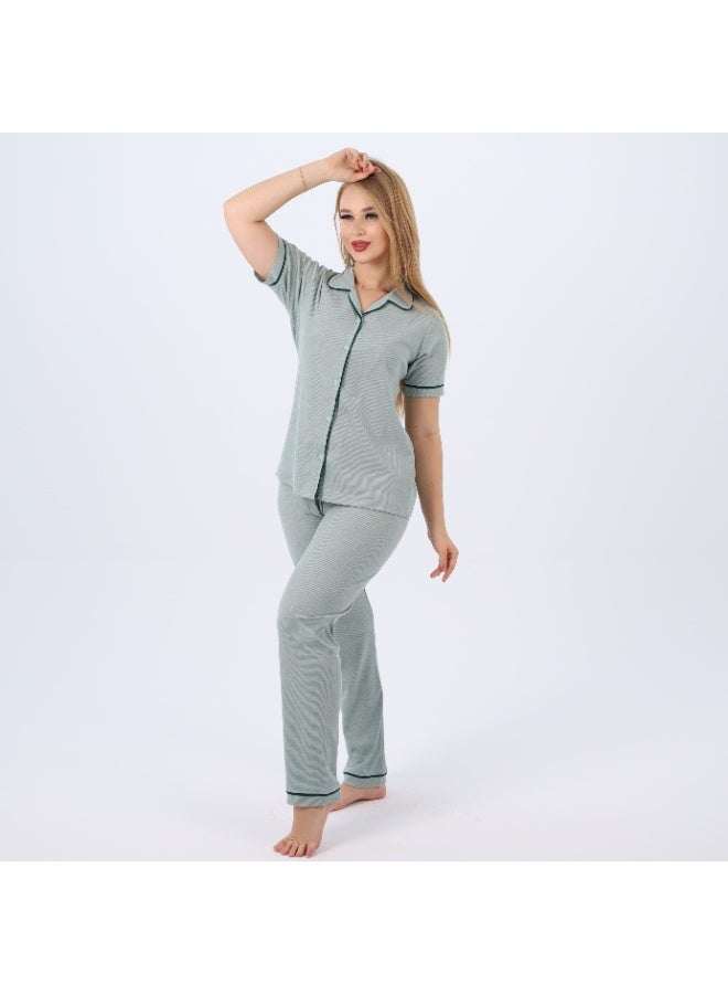zecotex  Women's Classic Cotton  Pajama Set – Short Sleeve Button-Up Top & Long Pants  – Soft, Breathable & Comfortable Sleepwear  - Image 3