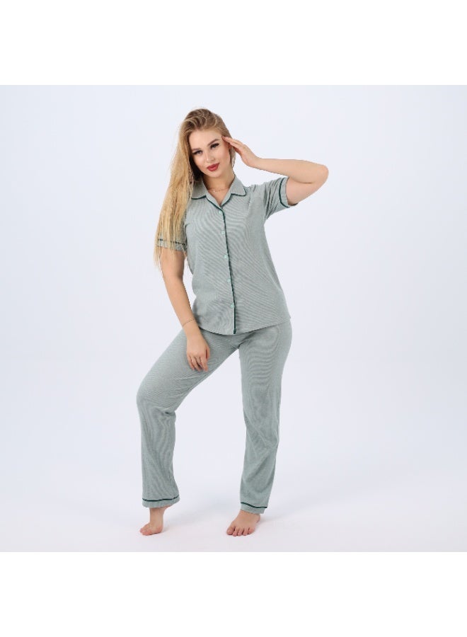 zecotex  Women's Classic Cotton  Pajama Set – Short Sleeve Button-Up Top & Long Pants  – Soft, Breathable & Comfortable Sleepwear  - Image 5