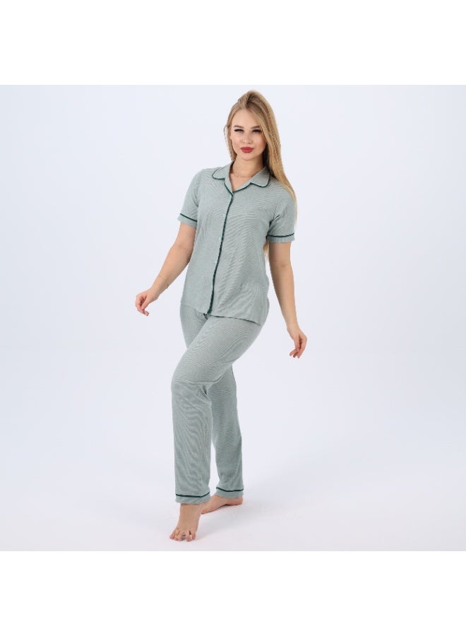 zecotex  Women's Classic Cotton  Pajama Set – Short Sleeve Button-Up Top & Long Pants  – Soft, Breathable & Comfortable Sleepwear  - Image 2