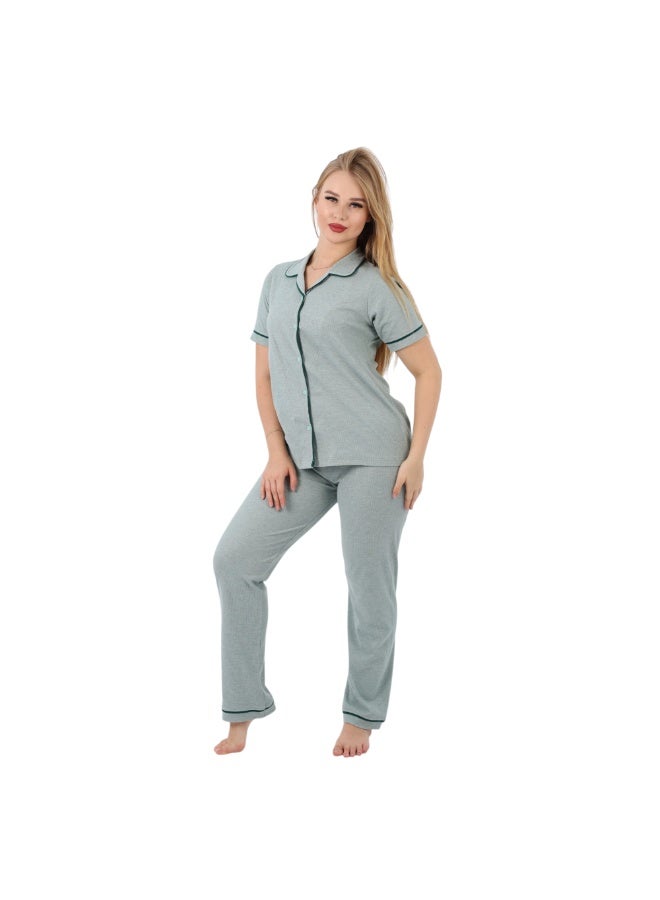 zecotex  Women's Premium Ribbed Cotton Pajama Set - 2-Piece Button-Down Shirt & Trousers Loungewear