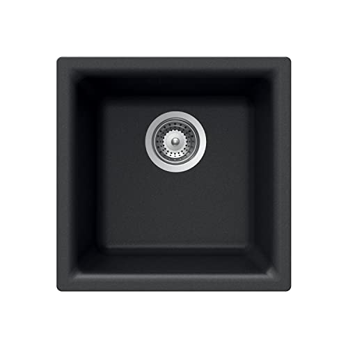 Houzer E-100 MIDNITE Quartztone Granite Series Bar Sink - Black Dual Mount 13 x 13 inch Single Bowl Sink, Durable Construction, Perfect for Kitchen or Food Prep - Image 1