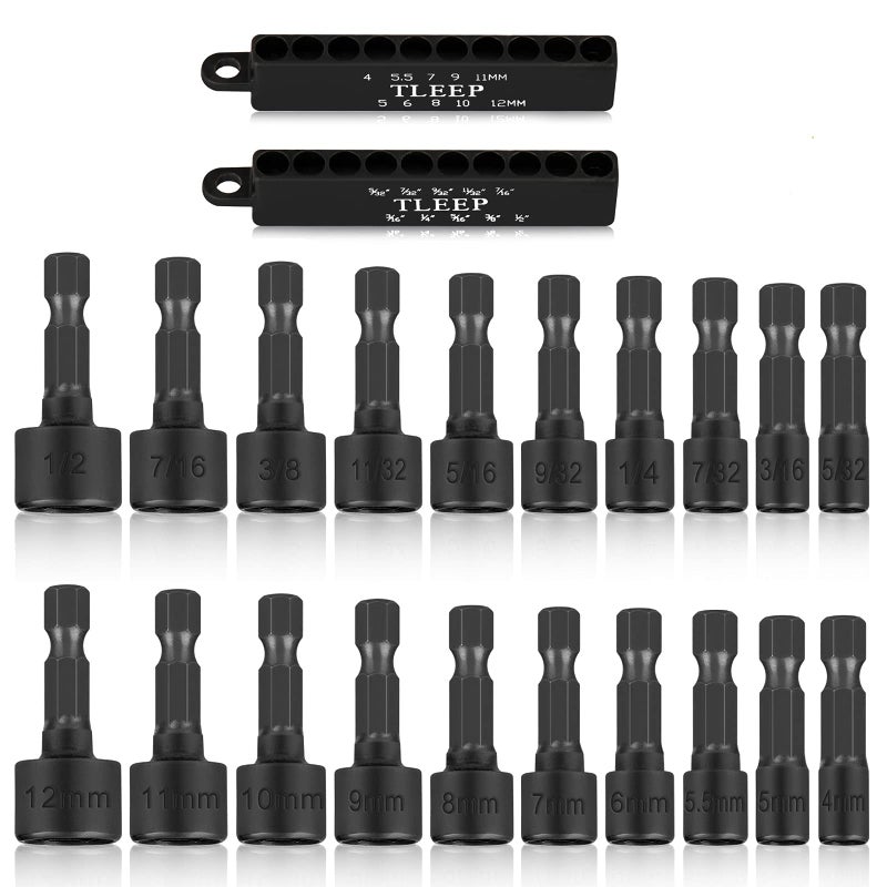TLEEP 20 x Power Nut Driver Set for Impact Drill SAE and Metric 14 Hex Head Drill Bit Set Screwdriver Socket Set Chrome Vanadium Steel Quick Change Chuck Socket Wrench Screw Impact Nutsetter