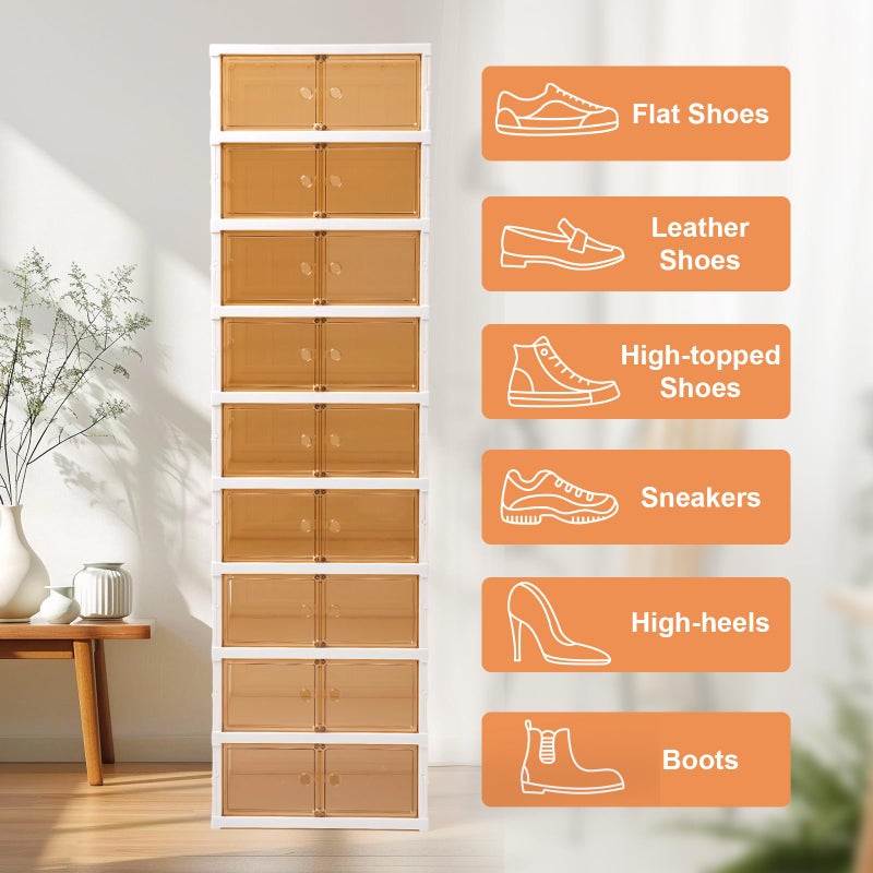 SAYMA 9 Tiers-18 Pairs Foldable Shoe Rack Organizer Plastic Collapsible Shoe Shelf Clear Shoe Boxes Stackable with Door Easy Assembly Shoe Cabinet for Entryway, Living Room (9 Tiers-18 Pairs) - Image 4