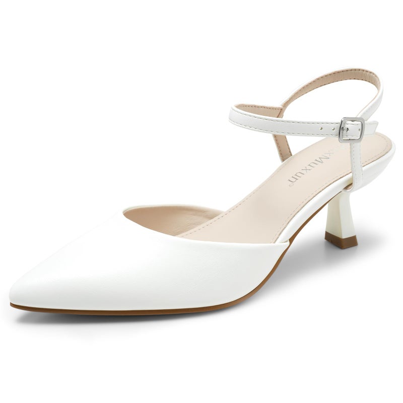 MaxMuxun Kitten Heels for Women Pointed Toe Pumps Ankle Strap Kitten Heels 2.7 Inch Wedding Party Dress Shoes Valentines Day Gifts for Her White Size 8 - Image 1