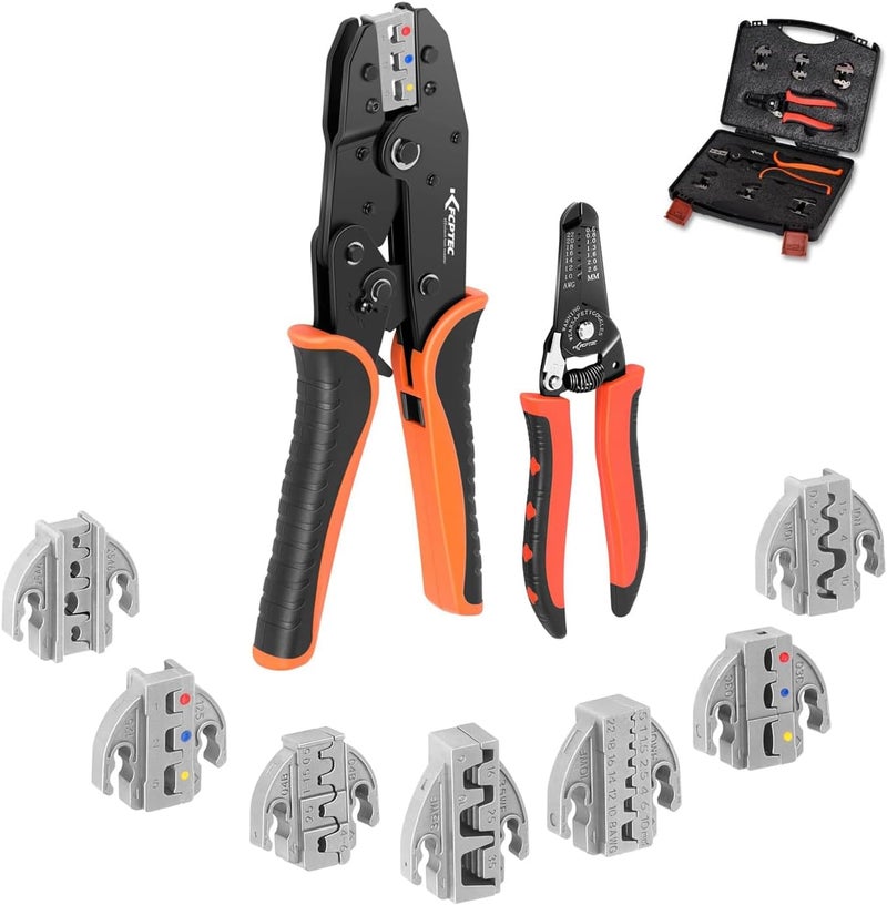 KF CPTEC 9-Piece Ratcheting Crimping Tool Kit with Wire Stripper & Interchangeable Dies, for Heat Shrink, Open Barrel, OT/UT Lugs, Ferrules and Solar MC4 Connectors (EPE Case) - Image 1