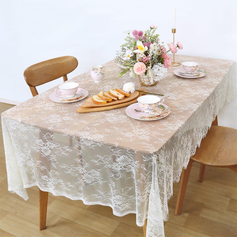 B.Cool B-COOL 2 Pieces Lace Tablecloth 60 x 120 Inch Ivory Wedding Rectangle Table Overlay Lace Fabric for Rustic Vintage Party Baby Shower Outdoor Dinning Table Decor - Image 5