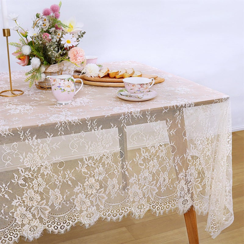 B.Cool B-COOL 2 Pieces Lace Tablecloth 60 x 120 Inch Ivory Wedding Rectangle Table Overlay Lace Fabric for Rustic Vintage Party Baby Shower Outdoor Dinning Table Decor - Image 2
