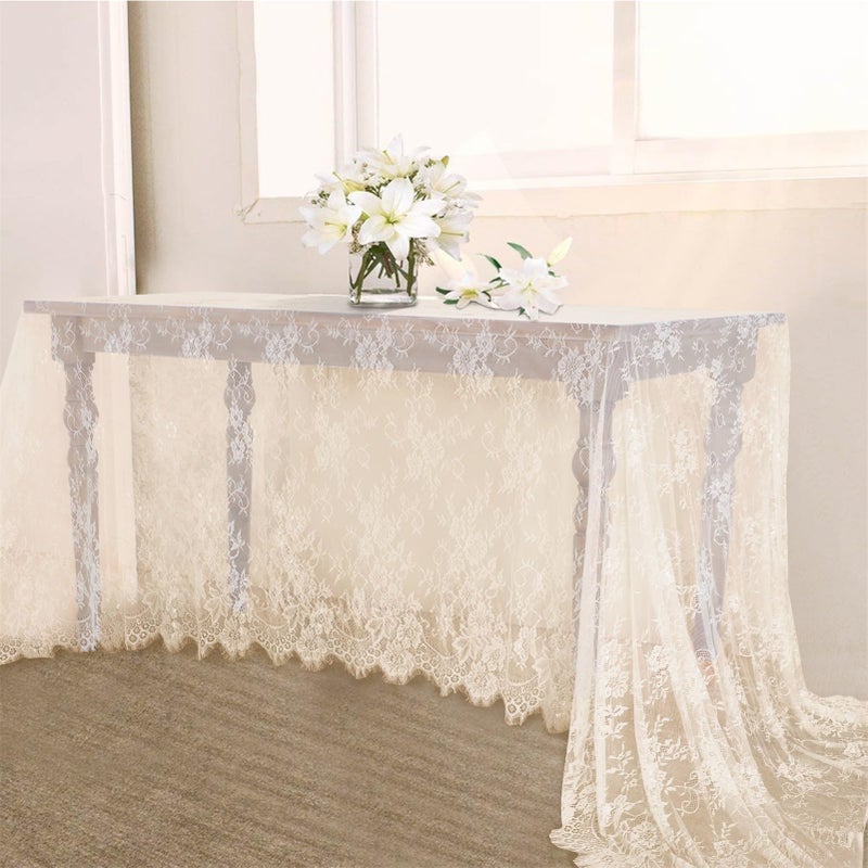 B.Cool B-COOL 2 Pieces Lace Tablecloth 60 x 120 Inch Ivory Wedding Rectangle Table Overlay Lace Fabric for Rustic Vintage Party Baby Shower Outdoor Dinning Table Decor - Image 1