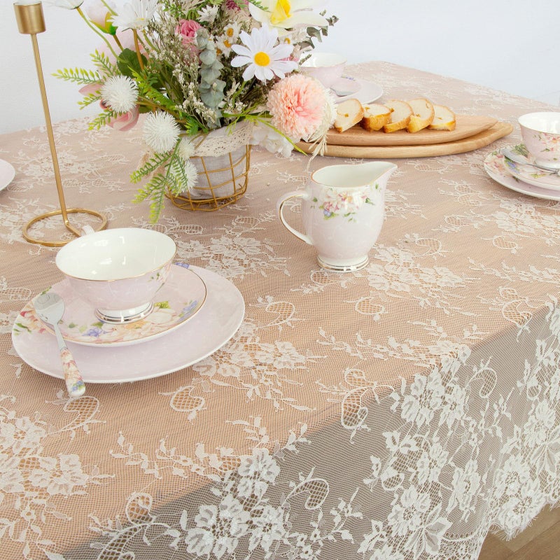 B.Cool B-COOL 2 Pieces Lace Tablecloth 60 x 120 Inch Ivory Wedding Rectangle Table Overlay Lace Fabric for Rustic Vintage Party Baby Shower Outdoor Dinning Table Decor - Image 3