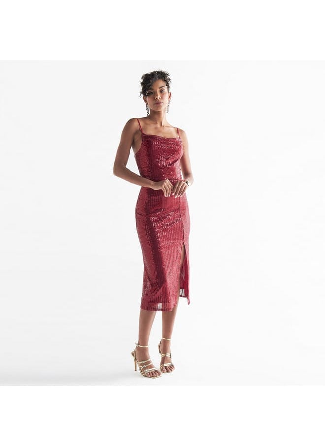 FAV All-Over Embellished Sleeveless Dress with Slit Detail  - Image 3