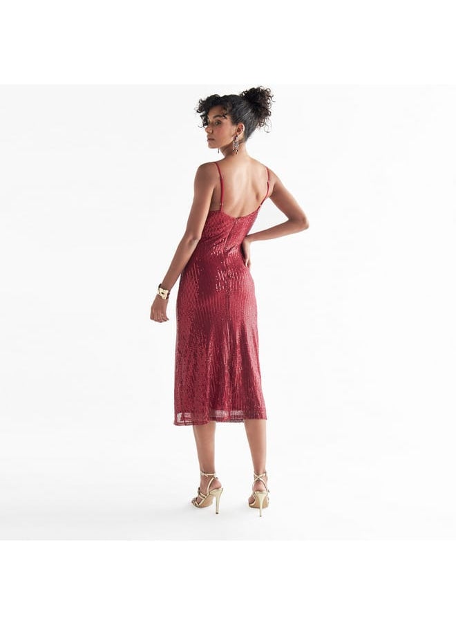 FAV All-Over Embellished Sleeveless Dress with Slit Detail  - Image 2