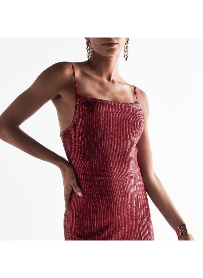 FAV All-Over Embellished Sleeveless Dress with Slit Detail  - Image 4