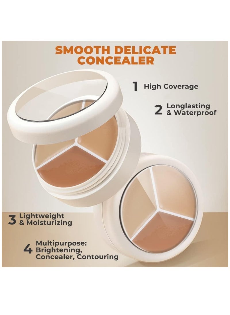 Tri-Color Concealer Palette of Covers Acne Marks Dark Circles, Colour Correcting Makeup Palette, 3 Colors Concealer Contour Palette Full Coverage Concealer with Brush