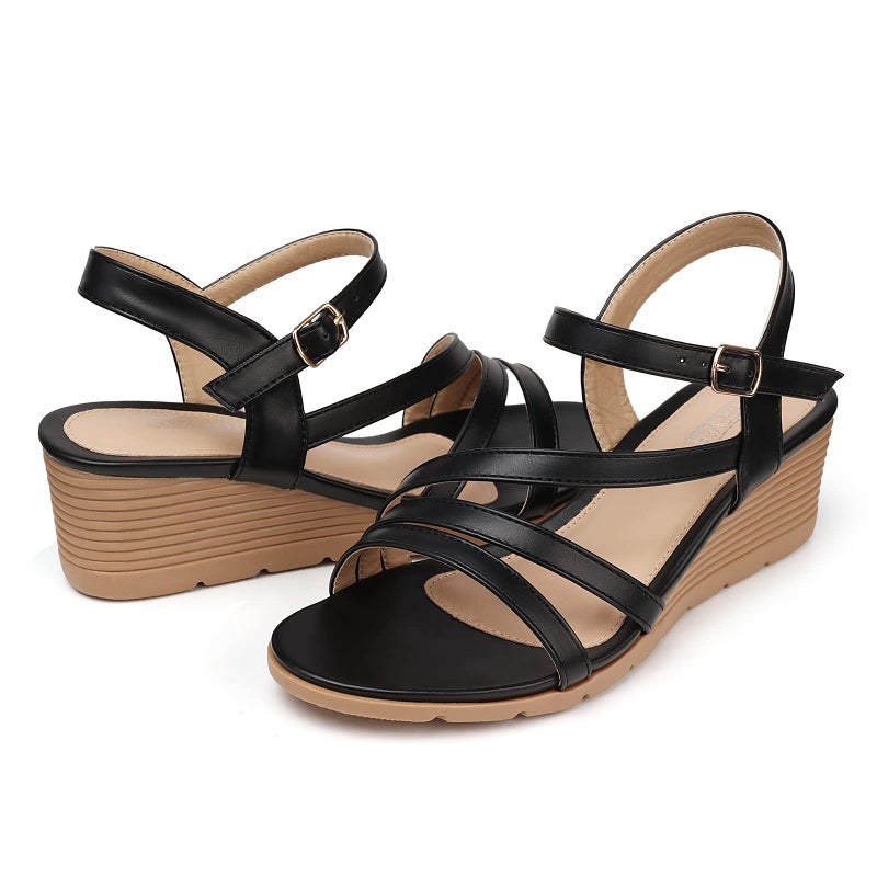 SHIBEVER Wedge Sandals for Women Dressy: Black Summer Low Platform Size 8 Casual Sandals - Comfortable Wedges Ankle Strap Womens - Image 1
