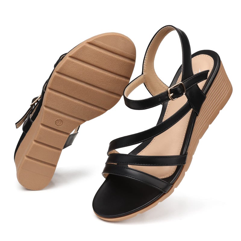 SHIBEVER Wedge Sandals for Women Dressy: Black Summer Low Platform Size 8 Casual Sandals - Comfortable Wedges Ankle Strap Womens - Image 4