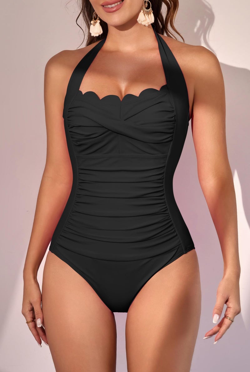Eomenie Women One Piece Tummy Control Swimsuit Halter Scallop Trim Bathing Suits 1 Piece Vintage Ruched Slimming Swimwear Black - Image 5