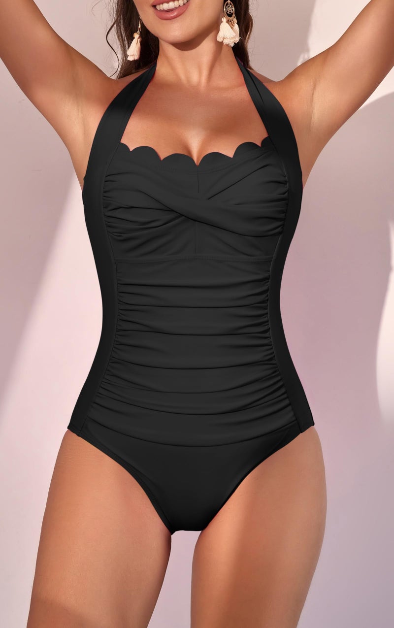 Eomenie Women One Piece Tummy Control Swimsuit Halter Scallop Trim Bathing Suits 1 Piece Vintage Ruched Slimming Swimwear Black - Image 4