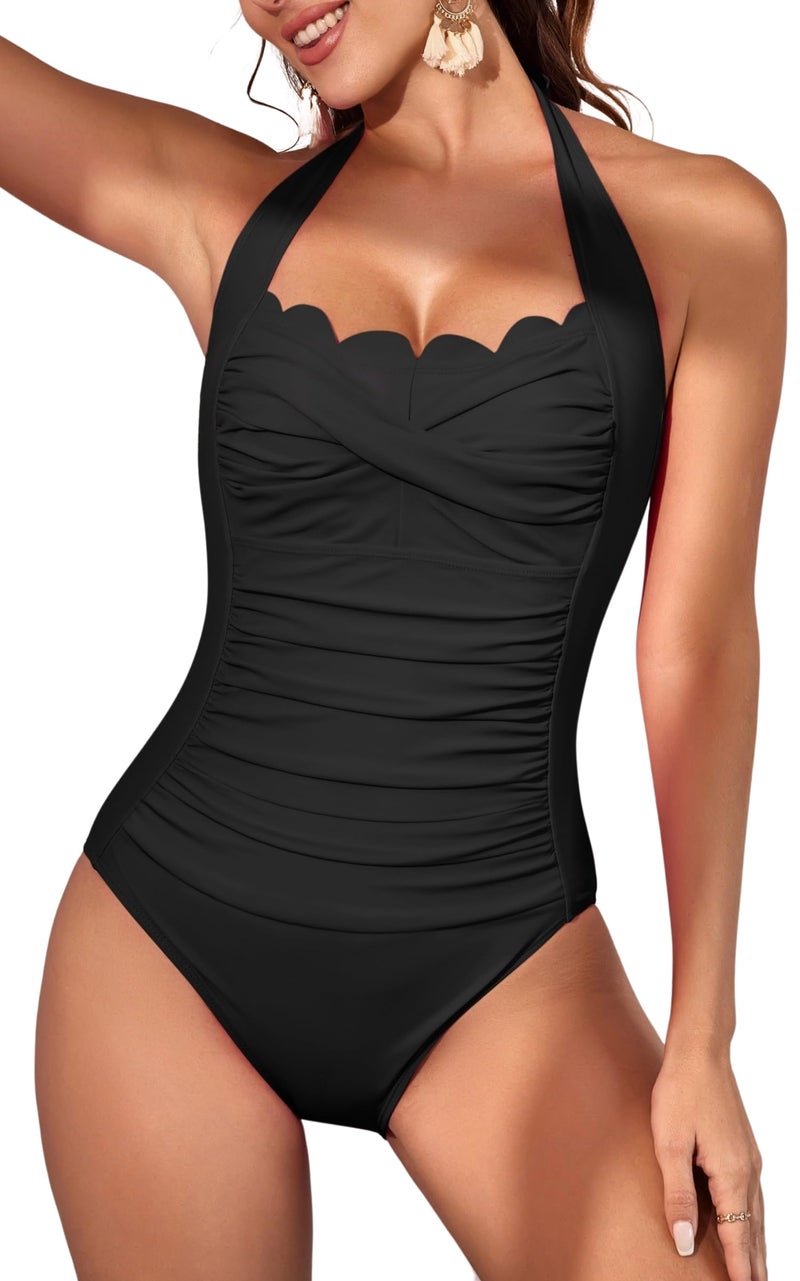 Eomenie Women One Piece Tummy Control Swimsuit Halter Scallop Trim Bathing Suits 1 Piece Vintage Ruched Slimming Swimwear Black - Image 1
