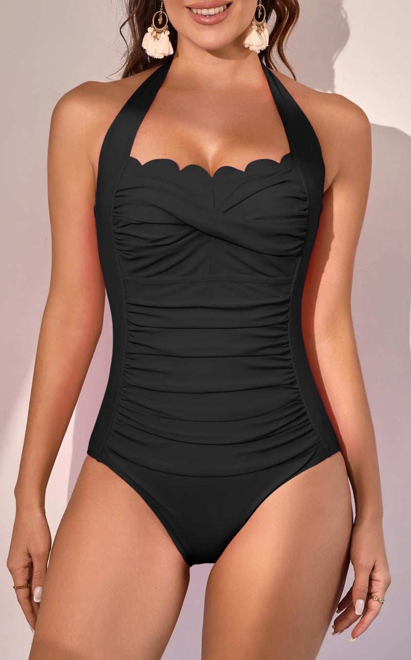 Eomenie Women One Piece Tummy Control Swimsuit Halter Scallop Trim Bathing Suits 1 Piece Vintage Ruched Slimming Swimwear Black - Image 3