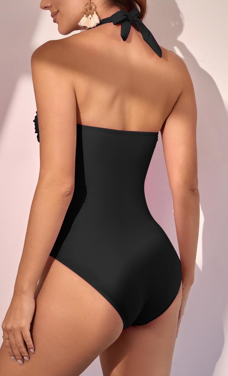 Eomenie Women One Piece Tummy Control Swimsuit Halter Scallop Trim Bathing Suits 1 Piece Vintage Ruched Slimming Swimwear Black - Image 2