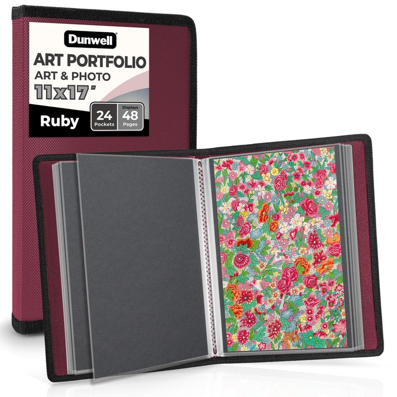 Dunwell Dunwell 11x17 Art Portfolio Binder with Black Mounting Paper Ruby Large Portfolio Folder for Artwork Storage 24 Clear Plastic Sleeves Displays 48 Pages AcidFree Poly 11 x 17 Presentation Book - Image 1