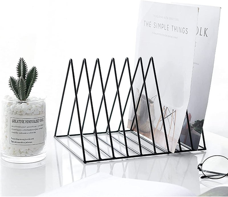 TechSrmaji Triangle 9 Slot Magazine and Newspaper Holder Stand, Desktop File Holder Stand, Triangle Bookshelf Decor Home & Office, Metal Wire Files Book Rack, Office (Black, Pack of 1, Tiered Shelf) - Image 4