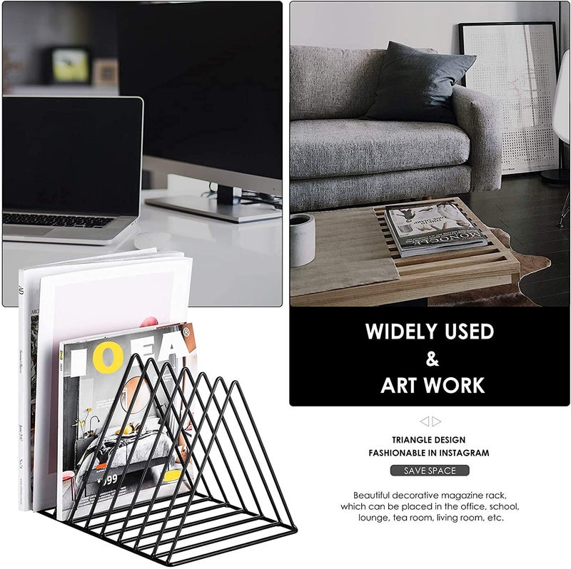 TechSrmaji Triangle 9 Slot Magazine and Newspaper Holder Stand, Desktop File Holder Stand, Triangle Bookshelf Decor Home & Office, Metal Wire Files Book Rack, Office (Black, Pack of 1, Tiered Shelf) - Image 2
