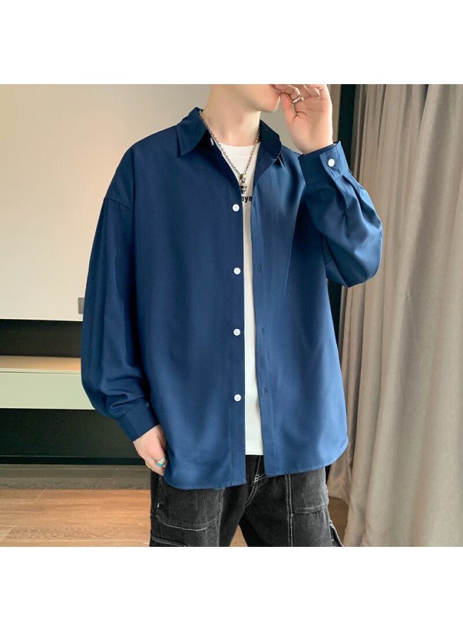 Foss Phil Men's Spring And Summer Hong Kong Style Casual Shirt Long Sleeve Shirt Ice Silk Thin Outerwear 7304 Dark Blue XL - Image 3