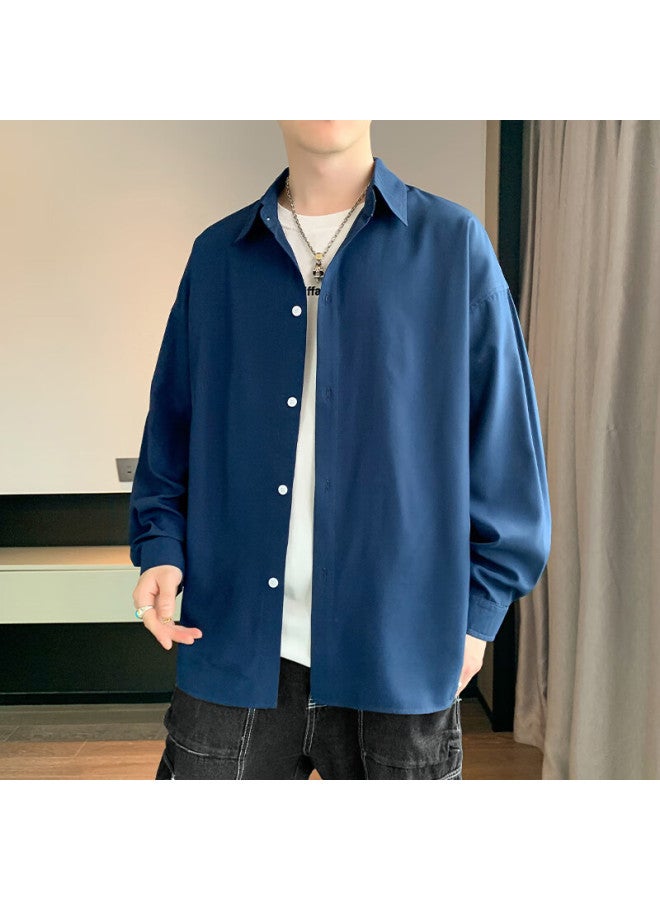 Foss Phil Men's Spring And Summer Hong Kong Style Casual Shirt Long Sleeve Shirt Ice Silk Thin Outerwear 7304 Dark Blue XL - Image 5