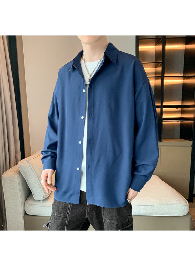 Foss Phil Men's Spring And Summer Hong Kong Style Casual Shirt Long Sleeve Shirt Ice Silk Thin Outerwear 7304 Dark Blue XL - Image 2
