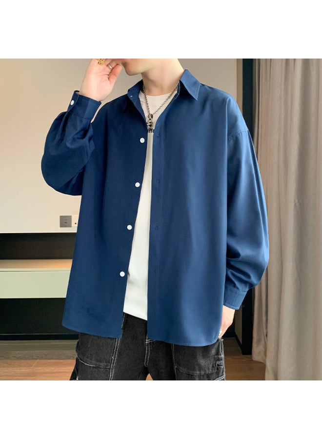 Foss Phil Men's Spring And Summer Hong Kong Style Casual Shirt Long Sleeve Shirt Ice Silk Thin Outerwear 7304 Dark Blue XL - Image 4