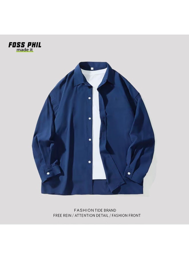 Foss Phil Men's Spring And Summer Hong Kong Style Casual Shirt Long Sleeve Shirt Ice Silk Thin Outerwear 7304 Dark Blue XL - Image 1