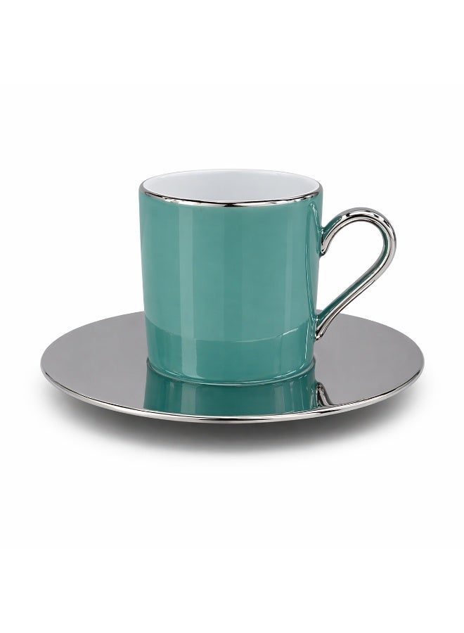 LSA Palazzo Coffee Cup & Saucer Set, 100ml, Sea Green with Platinum Rim Finish, Made in Poland - Image 1