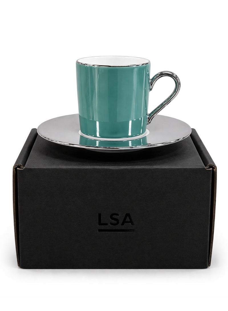 LSA Palazzo Coffee Cup & Saucer Set, 100ml, Sea Green with Platinum Rim Finish, Made in Poland - Image 5