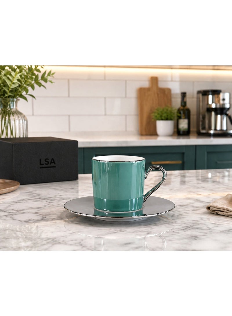 LSA Palazzo Coffee Cup & Saucer Set, 100ml, Sea Green with Platinum Rim Finish, Made in Poland - Image 2