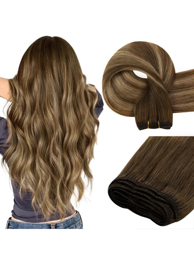 Easyouth Human Hair Weft Extensions Balayag Invisible Hair Extensions Sew in Balayage Dark Brown Fading to Caramel Blonde Mix Brown Sew in Hair Extension Real Human Hair Natural Look 18 Inch 100G - Image 2