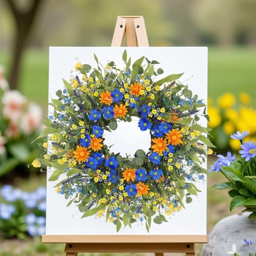 LOKEISNA Daisy Sunflower Wreath Decor, 24 Inch Summer Wreaths for Front Door Outside, Handmade Blue Orange Floral Eucalyptus Wreath for Front Door Farmhouse Home Décor Gift - Image 3