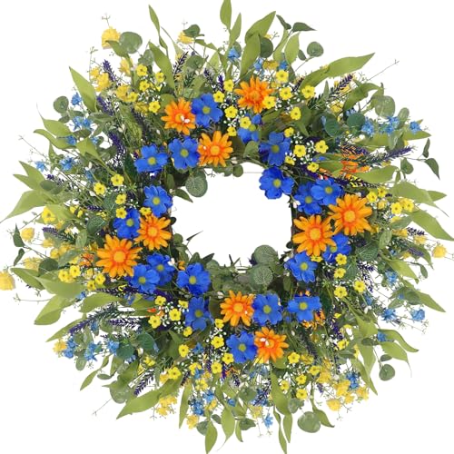 LOKEISNA Daisy Sunflower Wreath Decor, 24 Inch Summer Wreaths for Front Door Outside, Handmade Blue Orange Floral Eucalyptus Wreath for Front Door Farmhouse Home Décor Gift - Image 1