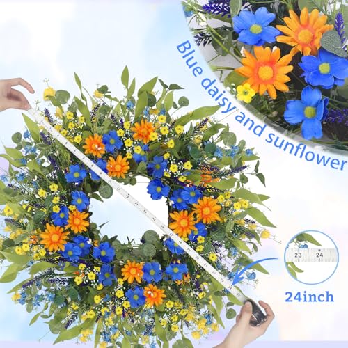 LOKEISNA Daisy Sunflower Wreath Decor, 24 Inch Summer Wreaths for Front Door Outside, Handmade Blue Orange Floral Eucalyptus Wreath for Front Door Farmhouse Home Décor Gift - Image 2