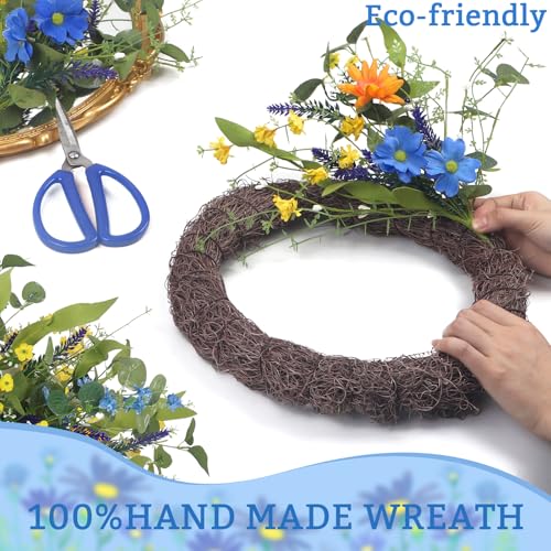 LOKEISNA Daisy Sunflower Wreath Decor, 24 Inch Summer Wreaths for Front Door Outside, Handmade Blue Orange Floral Eucalyptus Wreath for Front Door Farmhouse Home Décor Gift - Image 4