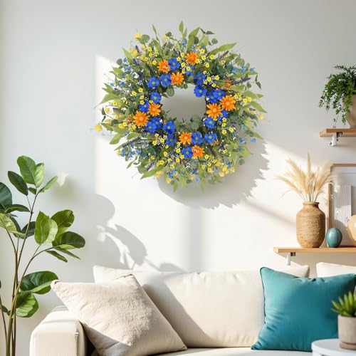 LOKEISNA Daisy Sunflower Wreath Decor, 24 Inch Summer Wreaths for Front Door Outside, Handmade Blue Orange Floral Eucalyptus Wreath for Front Door Farmhouse Home Décor Gift - Image 5