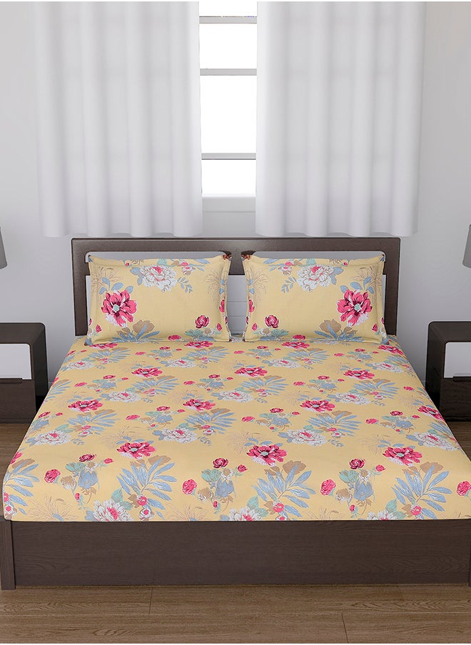 Status Contract Spring Summer Collection-Cotton Rich Double Bedsheet with 2 Pillow Covers for Bed Room, Home, Hotel-120 GSM, Red Rose-Yellow, 210 X 215 Cm  - Image 1