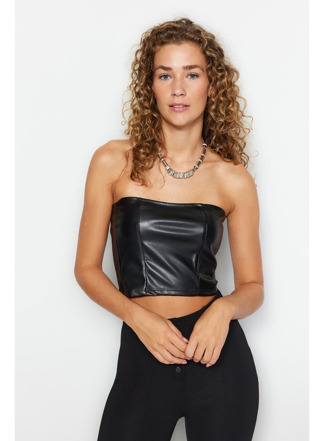 trendyol Black Faux Leather Strapless Crop Bustier With Zipper Back TWOAW24BS00003  - Image 2