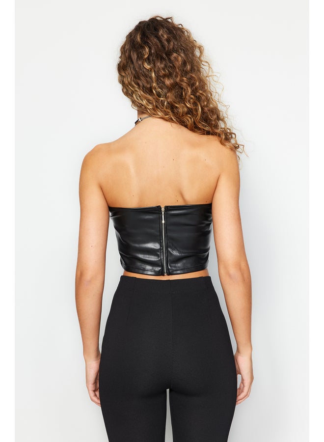 trendyol Black Faux Leather Strapless Crop Bustier With Zipper Back TWOAW24BS00003  - Image 5