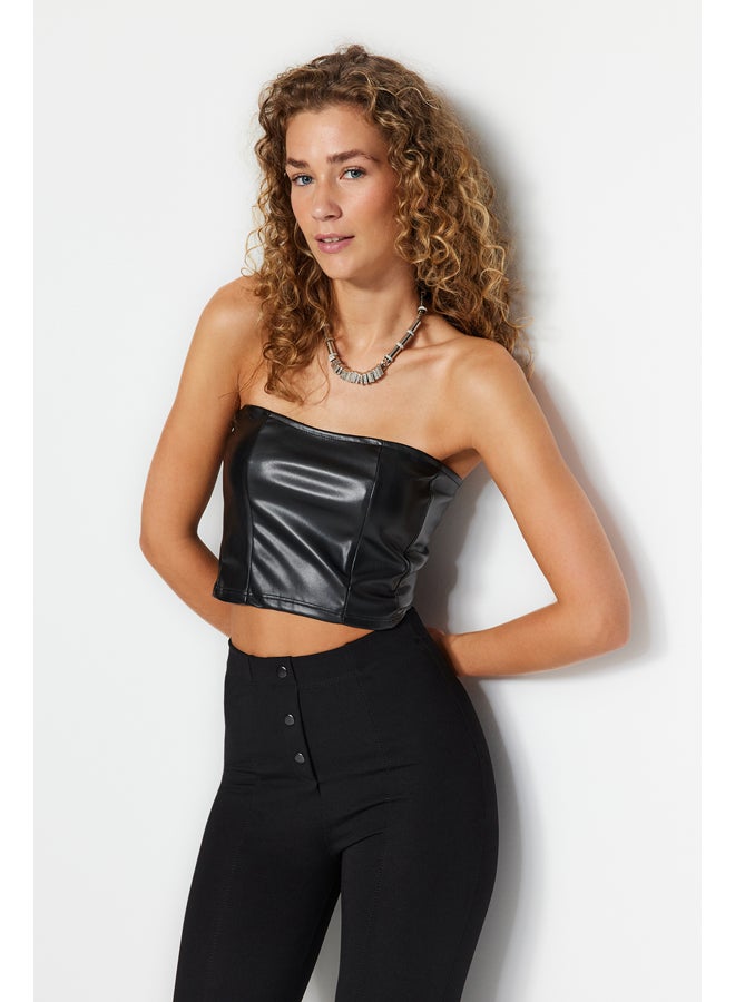 trendyol Black Faux Leather Strapless Crop Bustier With Zipper Back TWOAW24BS00003  - Image 1