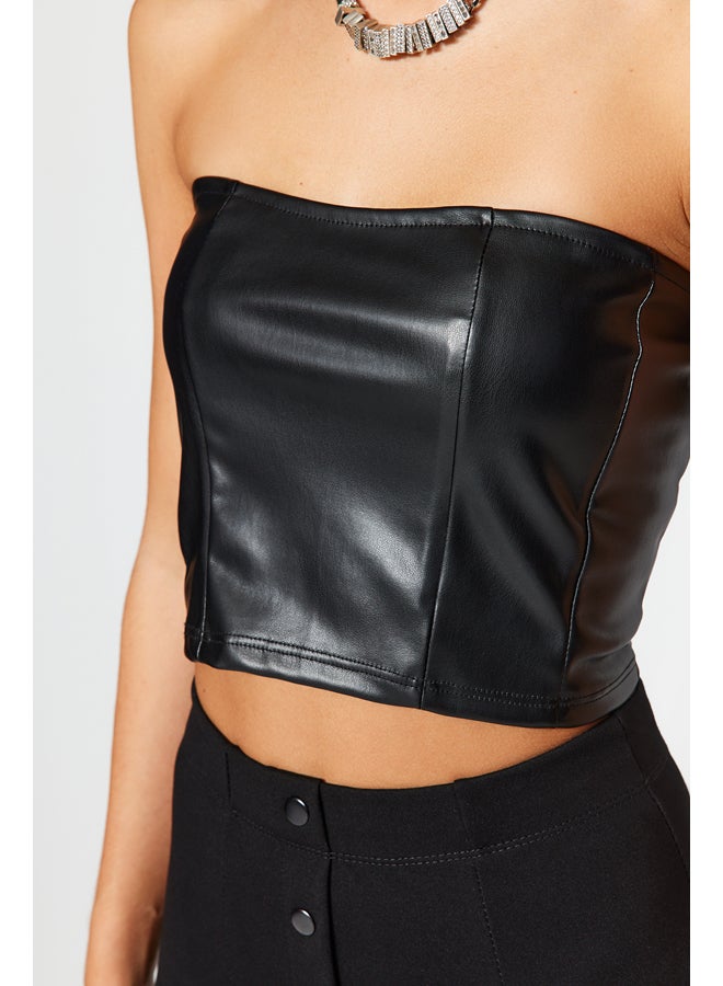 trendyol Black Faux Leather Strapless Crop Bustier With Zipper Back TWOAW24BS00003  - Image 4