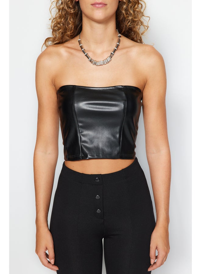 trendyol Black Faux Leather Strapless Crop Bustier With Zipper Back TWOAW24BS00003  - Image 3