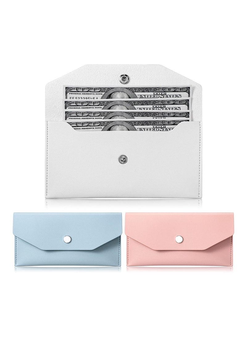 SYOSI 3 Pieces Cash Envelopes Bag PU Leather Cash Money Pouch Cash Wallet Envelope Reusable for Spring Festival Wedding Birthday Graduation Holidays (Blue, White, Pink)  - Image 1